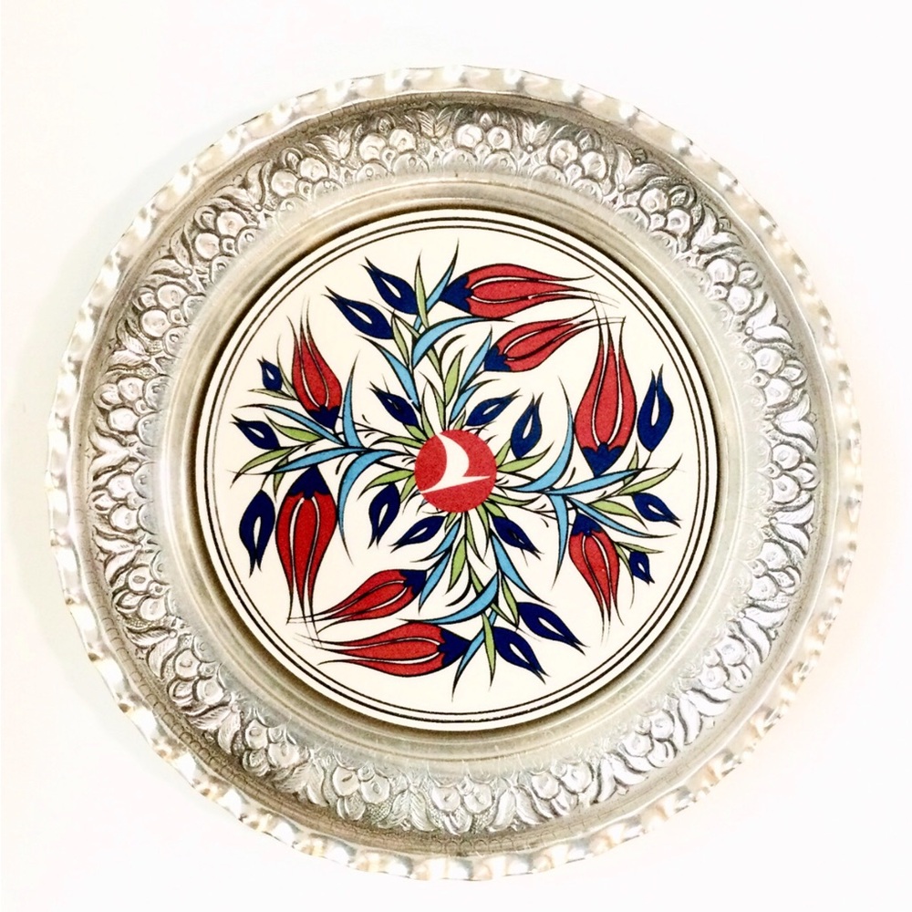 Vintage Promotional Turkish Airlines Silver Plate & Iznik Ceramic Wall Decor